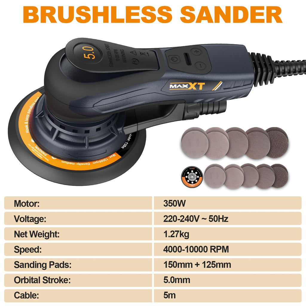 Ponceuse excentrique 150 mm R7303-4 sans balais 10000 tr/min 6 vitesses course 5 mm frein électronique 230 V 10 abrasifs câble 5 m