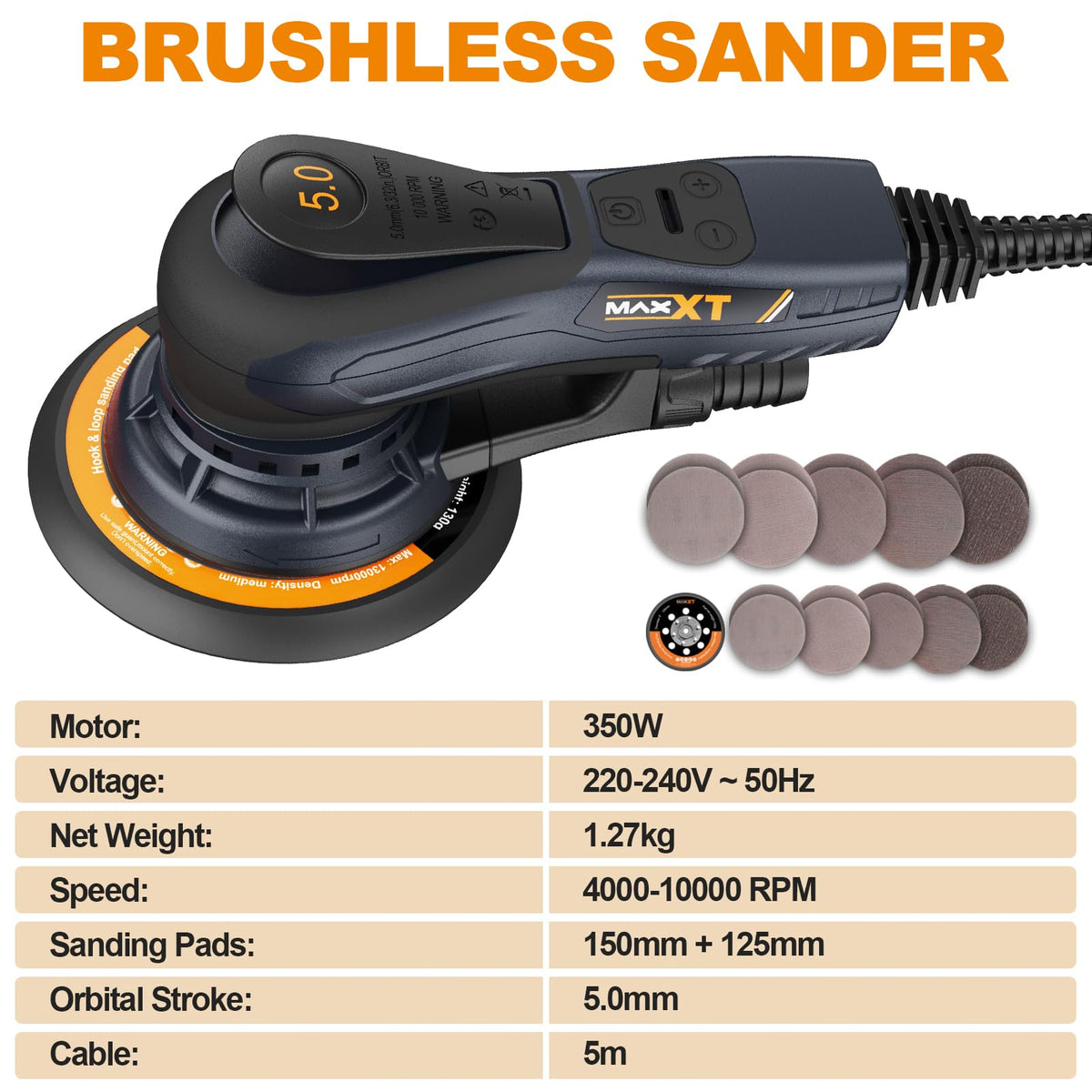 Ponceuse excentrique 150 mm R7303-4 sans balais 10000 tr/min 6 vitesses course 5 mm frein électronique 230 V 10 abrasifs câble 5 m