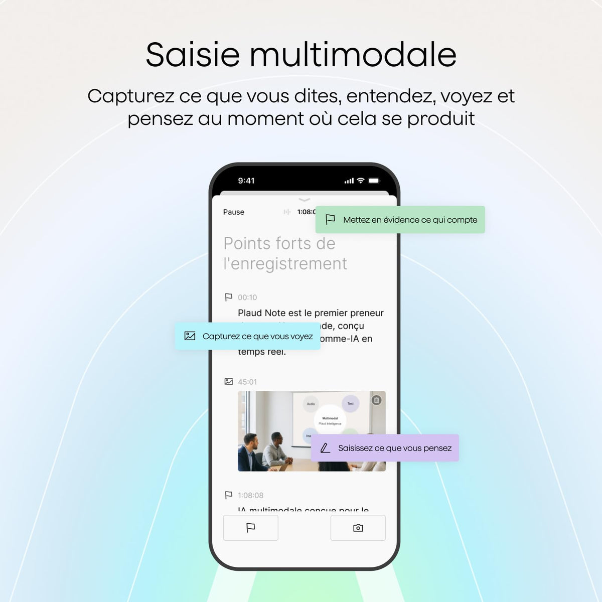 Enregistreur vocal IA NotePin S 64 Go transcription IA 112 langues autonomie 20 h microphone intégré MP3 avec 4 accessoires