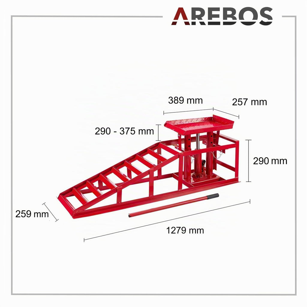 Lot de 2 rampes d'accès avec cric hydraulique 2 T hauteur réglable 290 à 375 mm largeur de pneu jusqu'à 257 mm