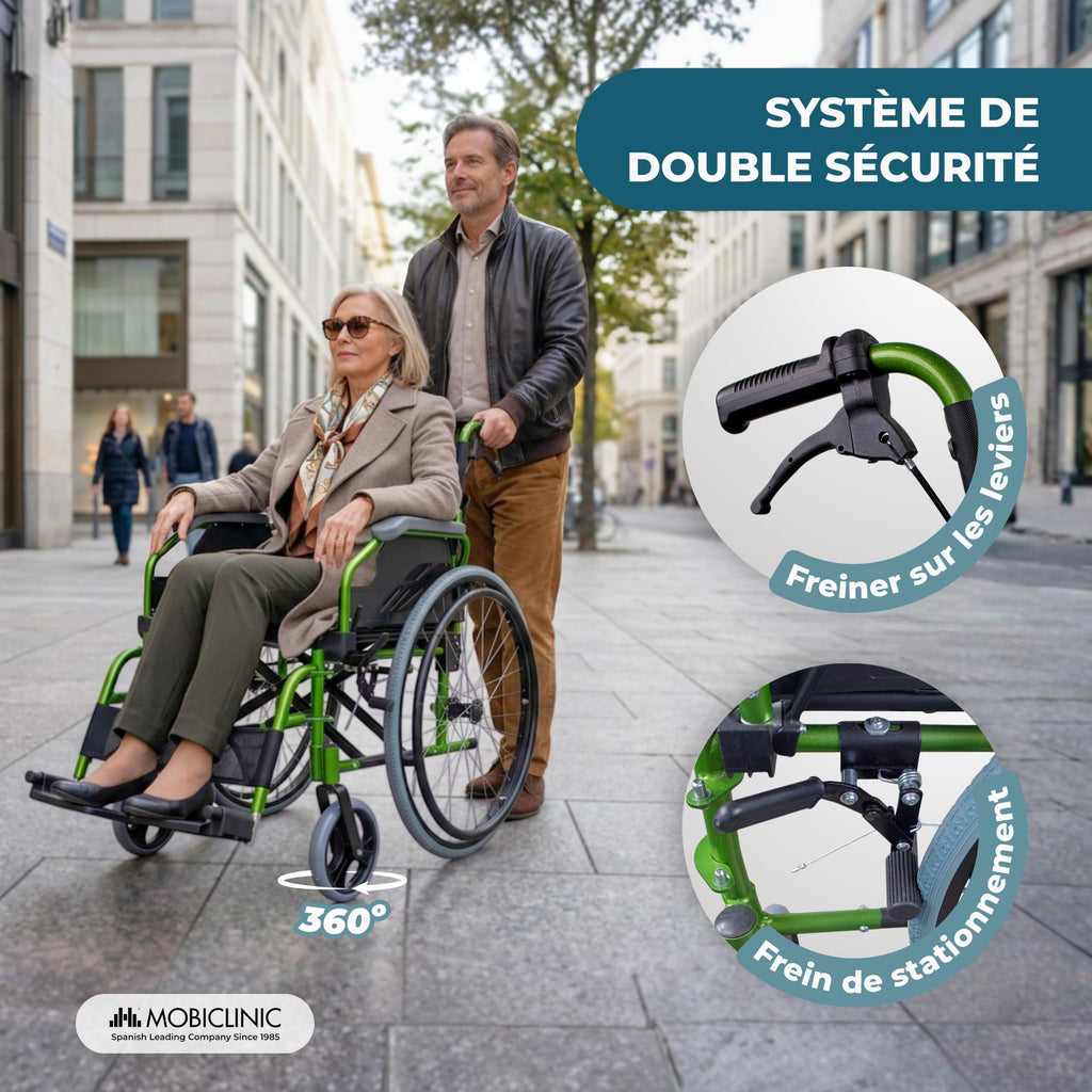 Fauteuil roulant pliable Bolonia en aluminium vert dossier divisible accoudoirs rabattables repose-pieds amovibles assise 46 cm