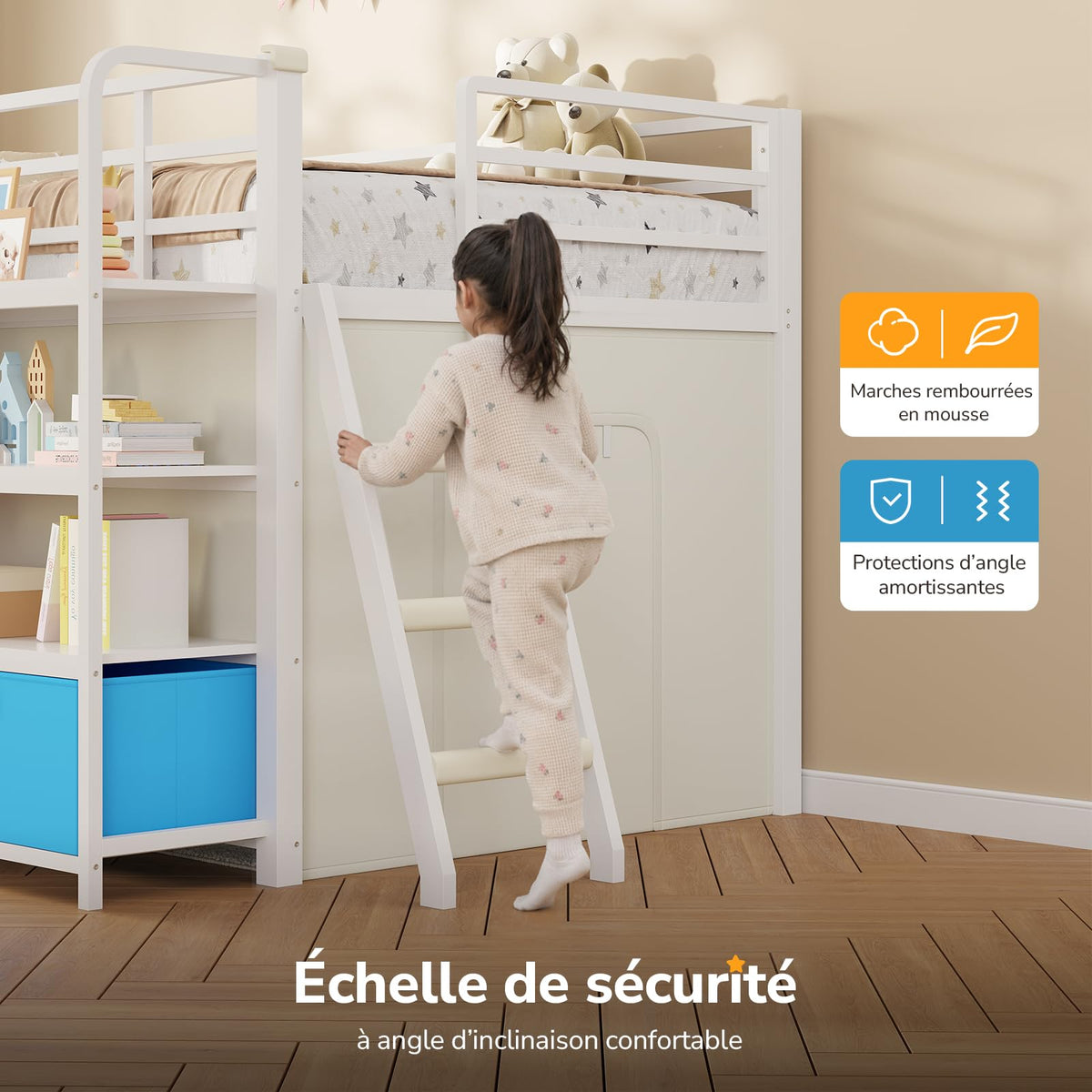 Lit mezzanine enfant 90x200 cm avec bureau intégré LLB-01 éclairage LED 5 rangements 3 étagères charge 100 kg