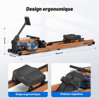 Rameur à eau pliable R28 en bois de frêne 180 kg résistance à eau siège confortable rangement vertical roues