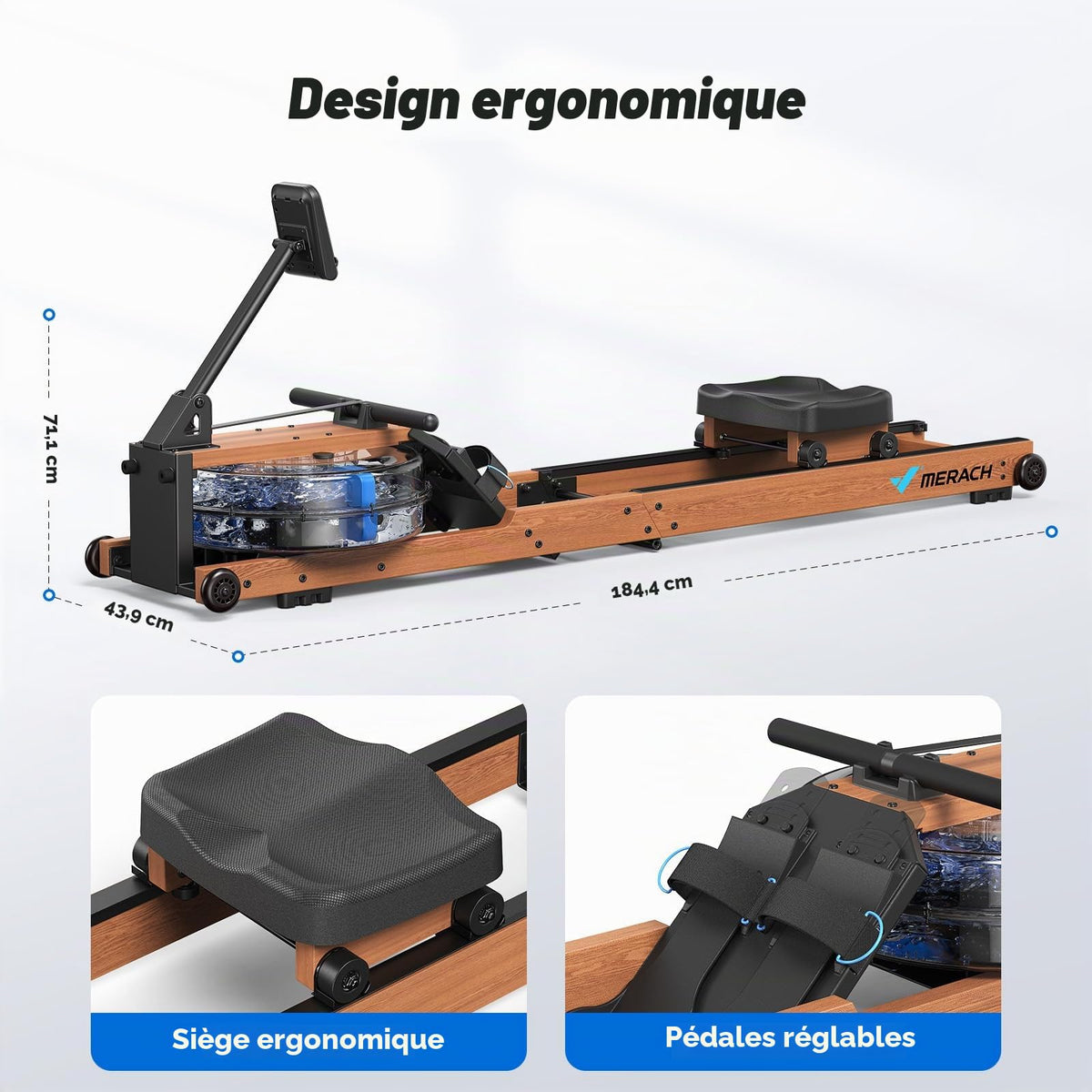 Rameur à eau pliable R28 en bois de frêne 180 kg résistance à eau siège confortable rangement vertical roues