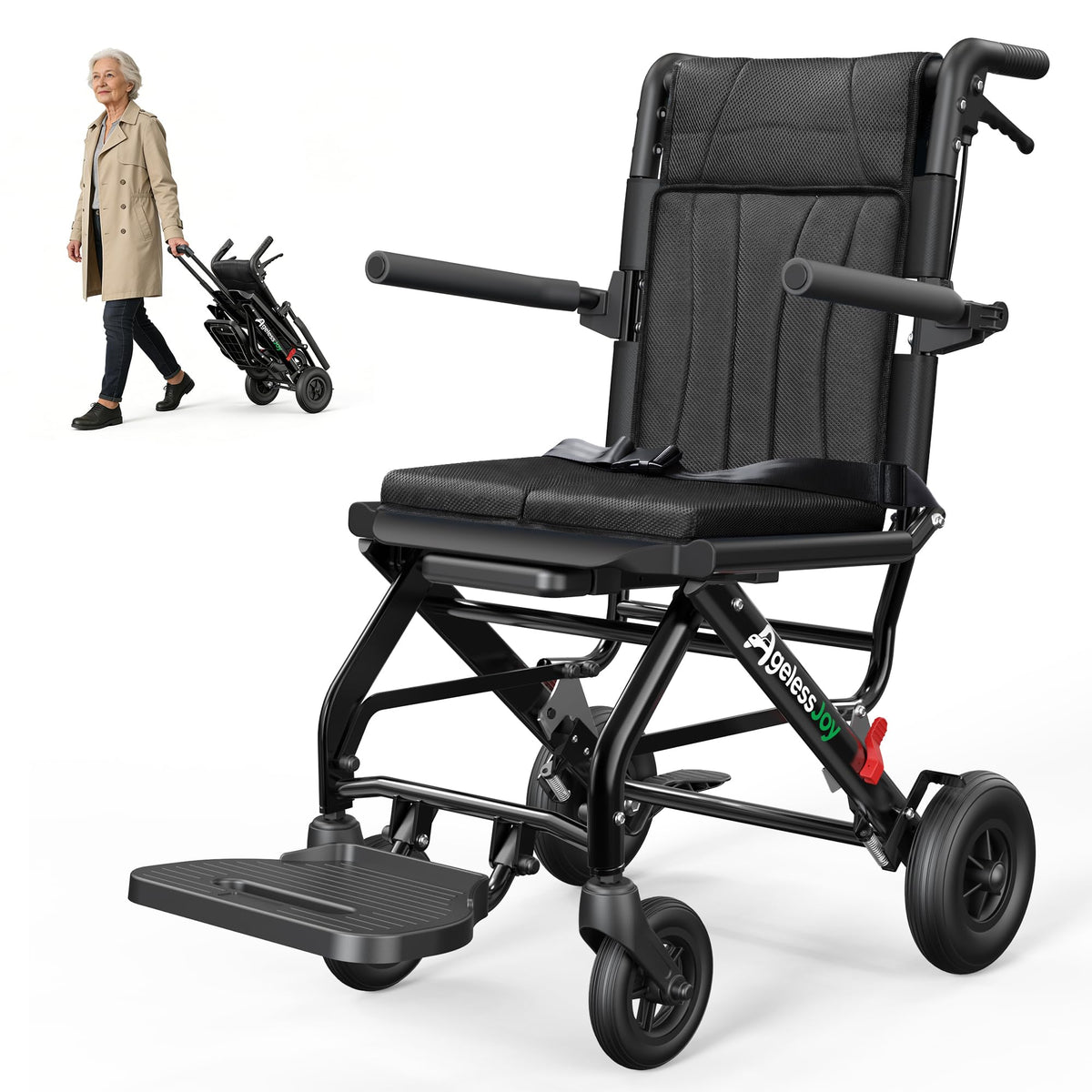 Fauteuil roulant pliable pour adultes 9 kg aluminium poignée télescopique roues PVC accoudoirs rabattables repose-pieds pliables noir