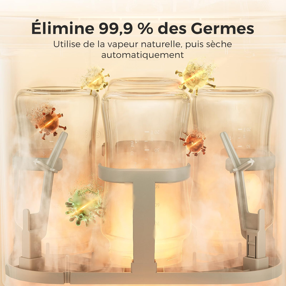 Lave-Biberons Haute Pression 2,2 kPa 3 en 1 Nettoyage Stérilisation Vapeur Séchage 19 min 9 Programmes 4 Biberons 60 Pastilles
