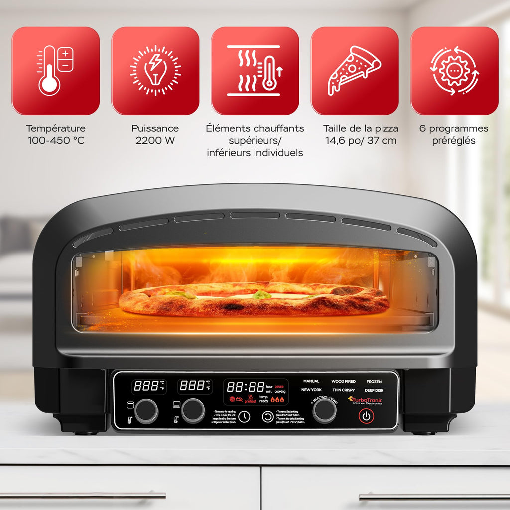 Four à pizza électrique Pizzaliano 2200 W 450 °C 20 L pierre à pizza pelle à pizza 37 cm 6 programmes écran LED