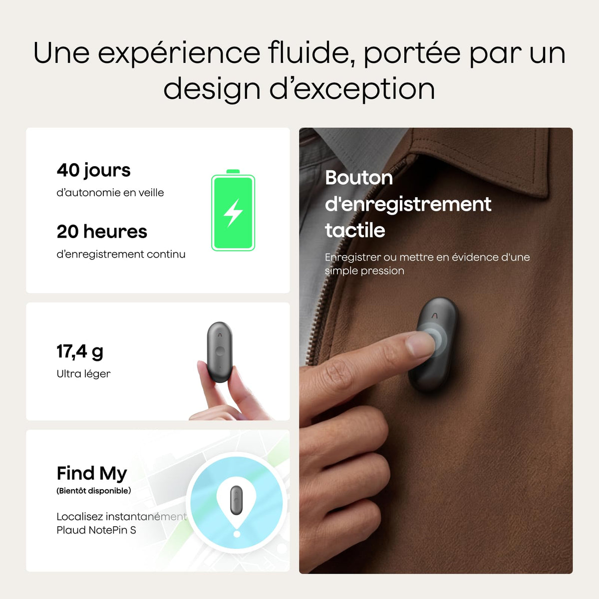 Enregistreur vocal IA NotePin S 64 Go transcription IA 112 langues autonomie 20 h microphone intégré MP3 avec 4 accessoires