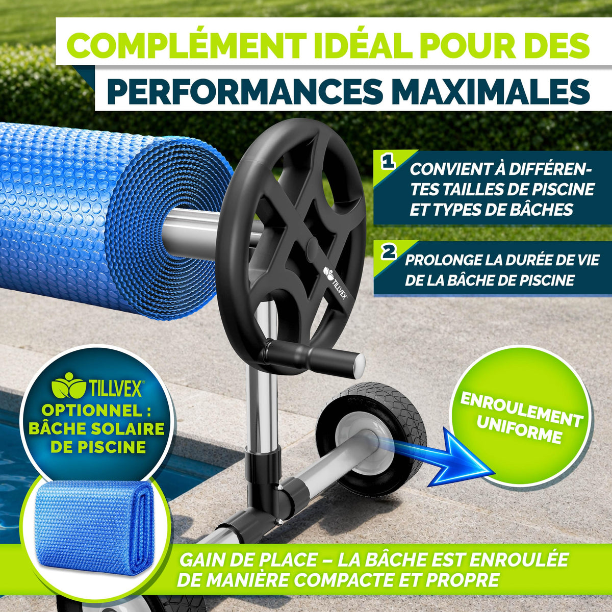 Enrouleur de bâche de piscine télescopique 3 à 5,70 m en aluminium avec 8 clips 8 sangles thermomètre et roues