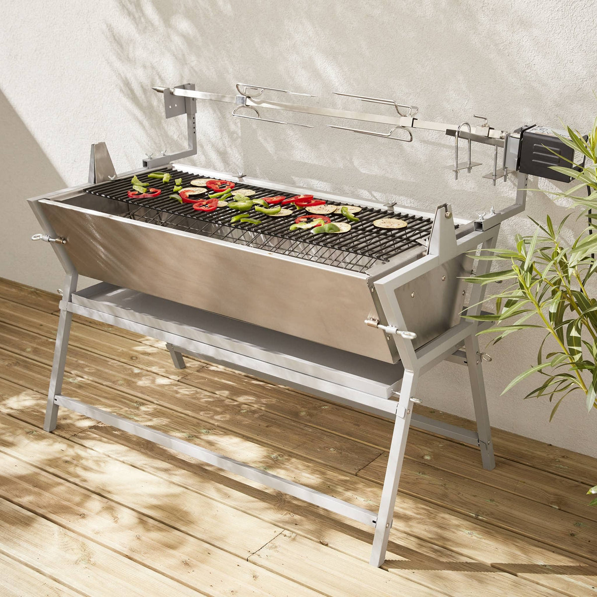 Barbecue charbon de bois avec tournebroche électrique Mathurin Inox inclinable 15 W cuve inox grille de cuisson 4715 cm²