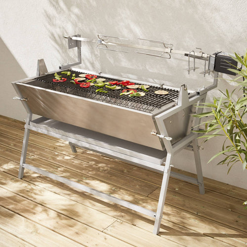 Barbecue charbon de bois avec tournebroche électrique Mathurin Inox inclinable 15 W cuve inox grille de cuisson 4715 cm²