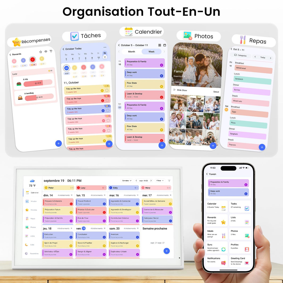 Calendrier numérique mural 15,6 pouces tactile WiFi organisateur familial synchronisation Google iCloud Outlook tableau de récompense enfant