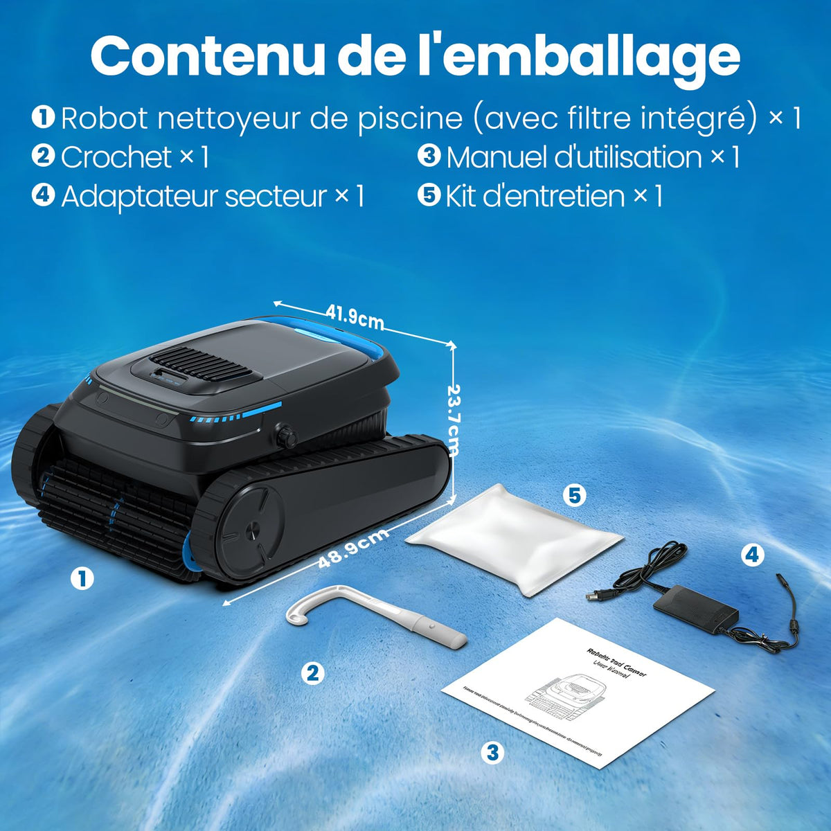 Robot nettoyeur de piscine sans fil YYY-PC10 18927 L/h batterie 5200 mAh panier filtrant 4 L filtre 150 µm