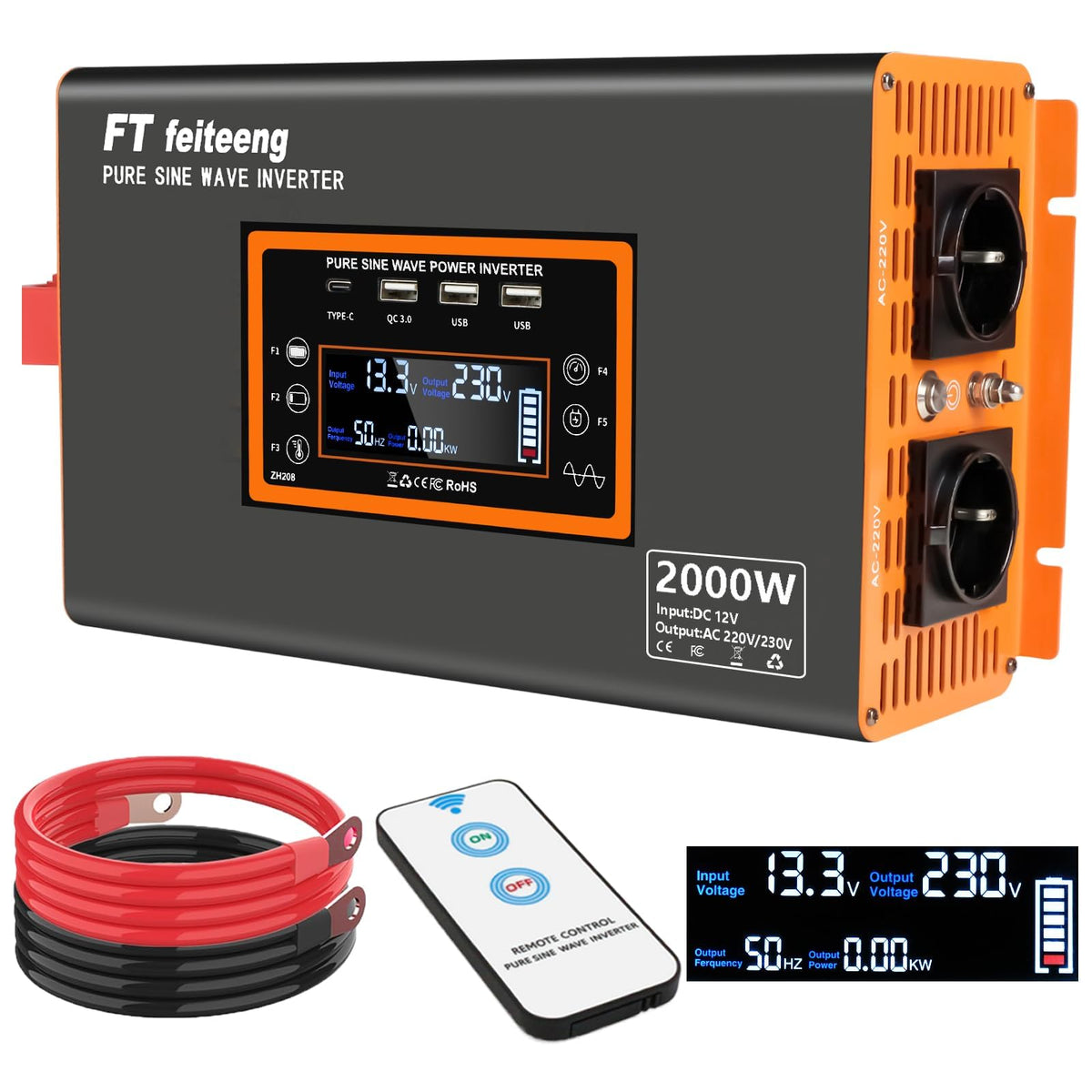 Convertisseur 12V 220V 2000W 4000W onduleur pur sinus 220V CA 2 prises USB écran LCD télécommande 50 Hz