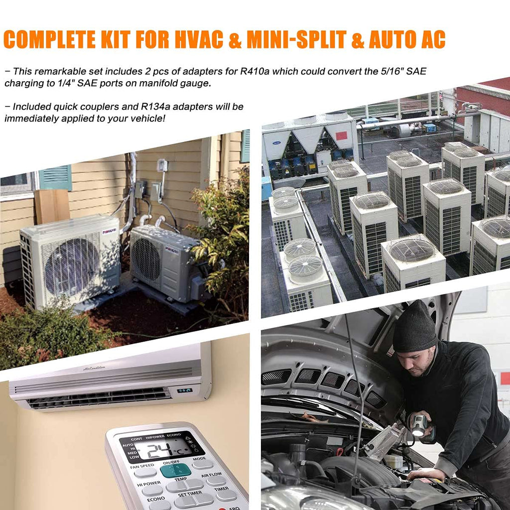Kit Pompe à Vide Climatisation 3 CFM 180 W 0,8 Pa Manomètre R134A R410A R407C 3 Tuyaux 150 cm Raccords Adaptateurs