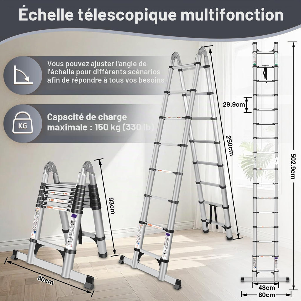 Échelle télescopique pliante DLT210E 5 m aluminium argent 150 kg hauteur réglable stabilisateurs échelle A et droite