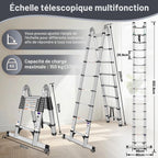 Échelle télescopique pliante DLT210E 5 m aluminium argent 150 kg hauteur réglable stabilisateurs échelle A et droite