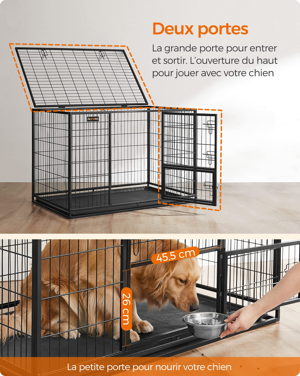 Cage pour chien XXL PPD003B01 122 x 74,5 x 80,5 cm acier allié 2 portes plateau amovible écart de 11 mm