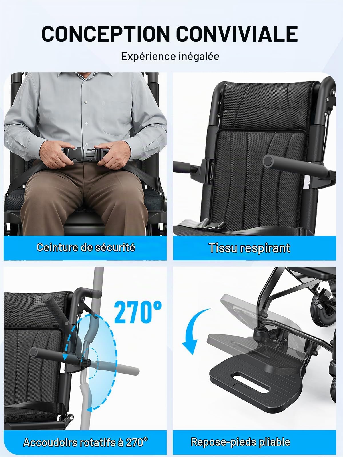 Fauteuil roulant pliable pour adultes 9 kg aluminium poignée télescopique roues PVC accoudoirs rabattables repose-pieds pliables noir