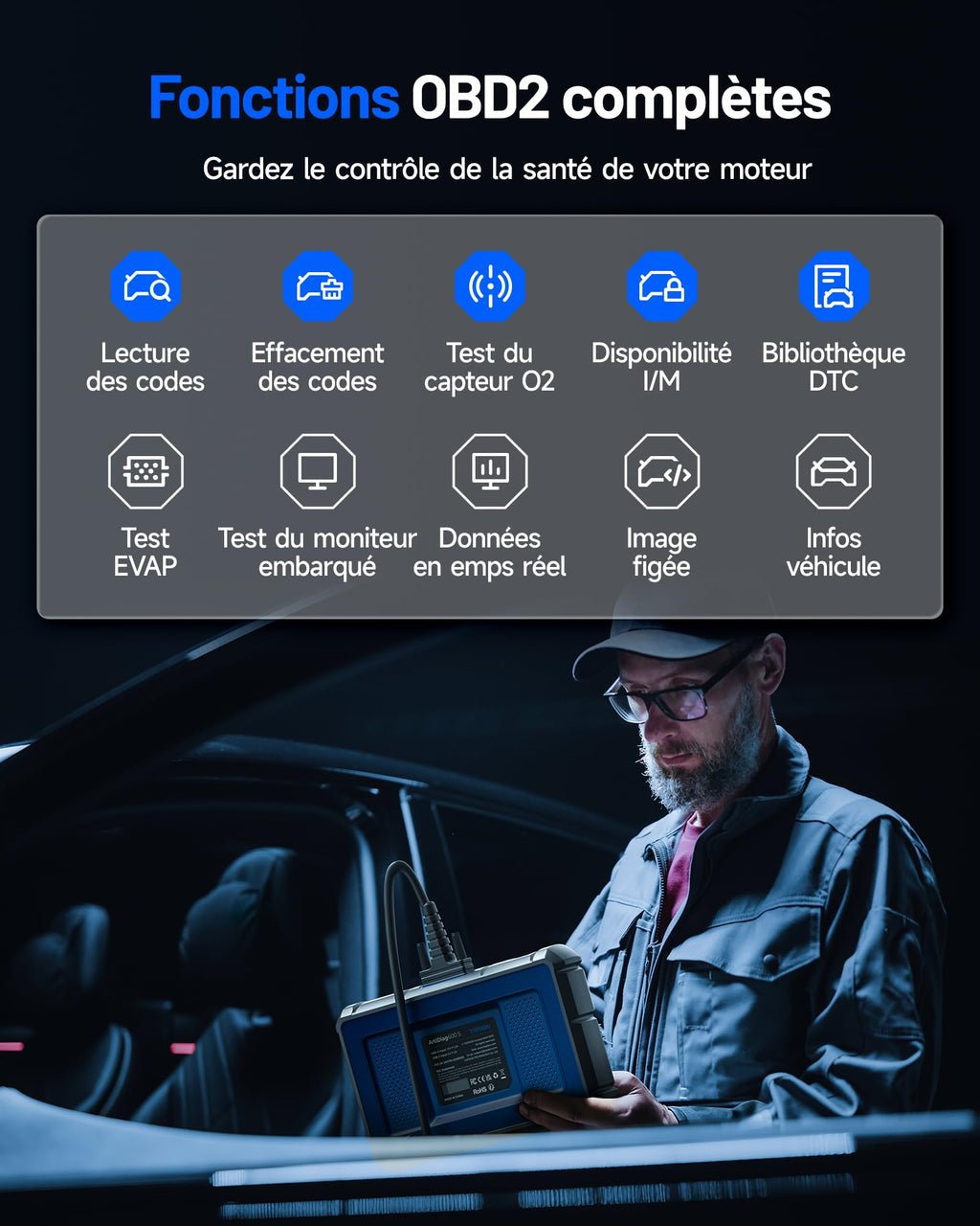 Valise diagnostic automobile OBD2 AD600S 4 systèmes écran 5 pouces Android 11 9 réinitialisations huile frein SAS BMS ABS DPF TPMS
