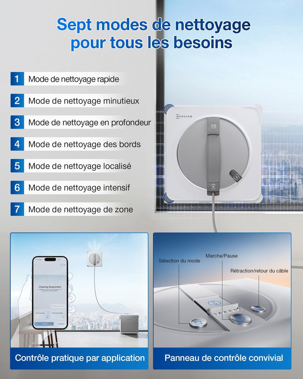 Robot nettoyeur de vitres W2S OMNI avec station 110 min batterie lithium-ion pulvérisation 3 jets contrôle par application