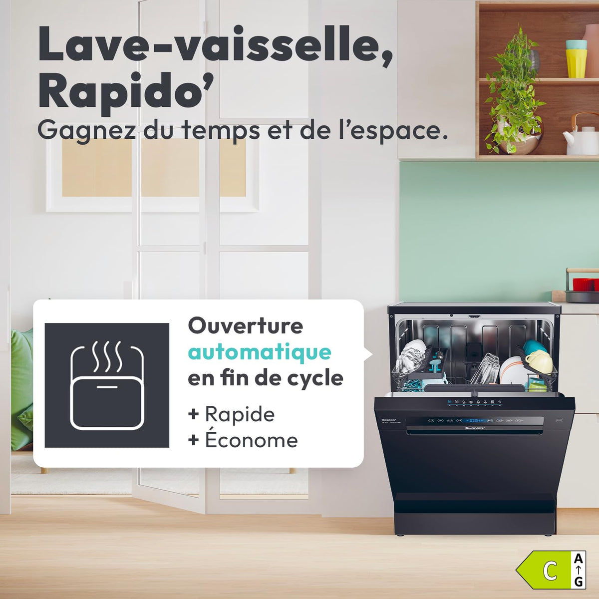 Lave-vaisselle pose libre 15 couverts classe énergétique C 8 programmes 46 dB Wash & Dry 35 min ouverture automatique Wi-Fi Bluetooth noir