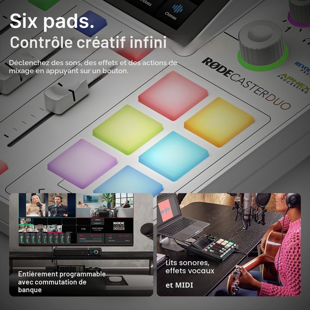 Console de production audio RØDECaster Duo 4 canaux USB-C Bluetooth 2 entrées combo 4 faders et 6 pads SMART