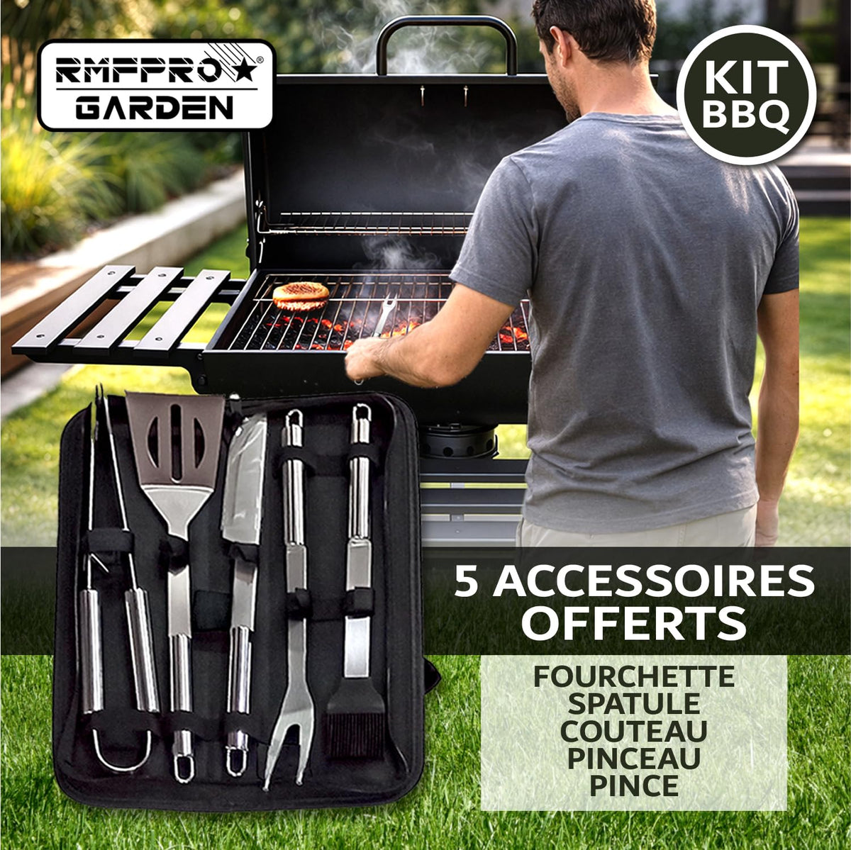 Barbecue au charbon de bois avec grille XL thermomètre intégré kit d'accessoires housse chariot en acier roues étagères pliables
