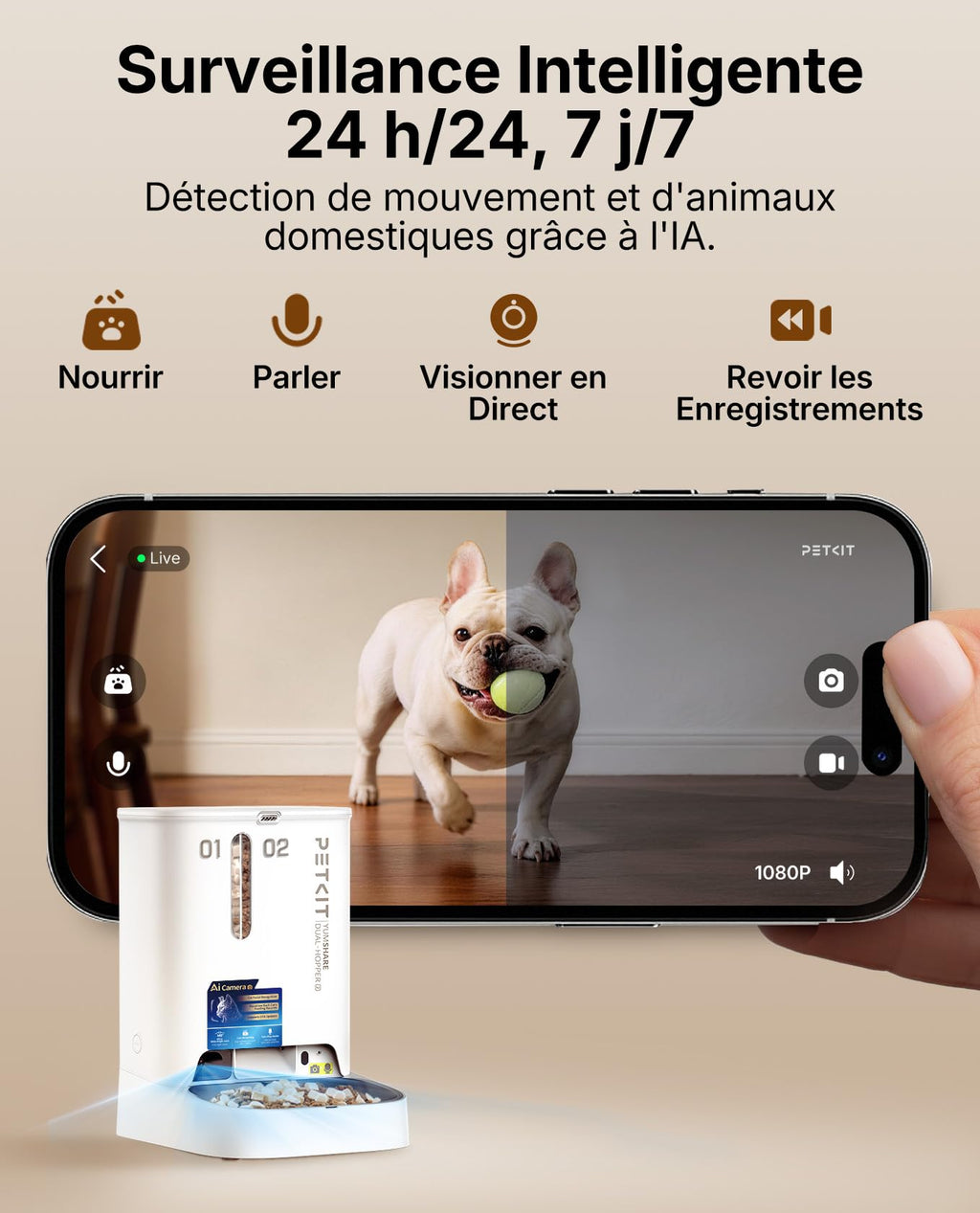 Distributeur automatique de croquettes pour chat 5 L double réservoir caméra HD 1080P reconnaissance faciale multi-chats Wi-Fi