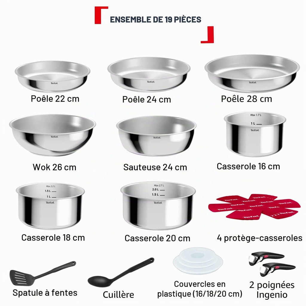 Batterie de cuisine 19 pièces Comfort Max L968SJ34 acier inoxydable induction poignées amovibles casseroles poêles wok sauteuse