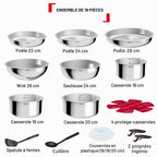 Batterie de cuisine 19 pièces Comfort Max L968SJ34 acier inoxydable induction poignées amovibles casseroles poêles wok sauteuse