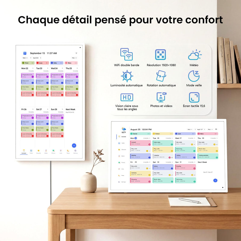 Calendrier numérique mural 15,6 pouces tactile WiFi organisateur familial synchronisation Google iCloud Outlook tableau de récompense enfant