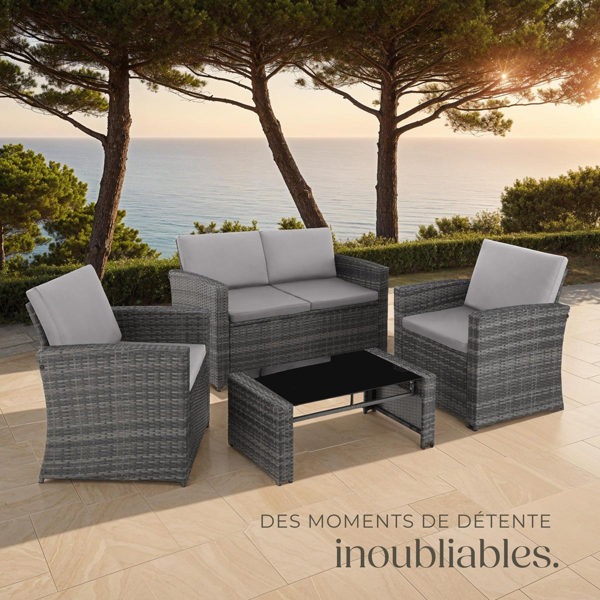 Salon de jardin en résine tressée 4 personnes avec canapé fauteuils table à plateau en verre coussins gris 404918-2