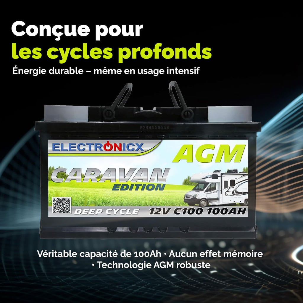 Batterie AGM 12 V 100 Ah Caravan-100AH étanche sans entretien avec borne positive à droite pour caravane et système solaire