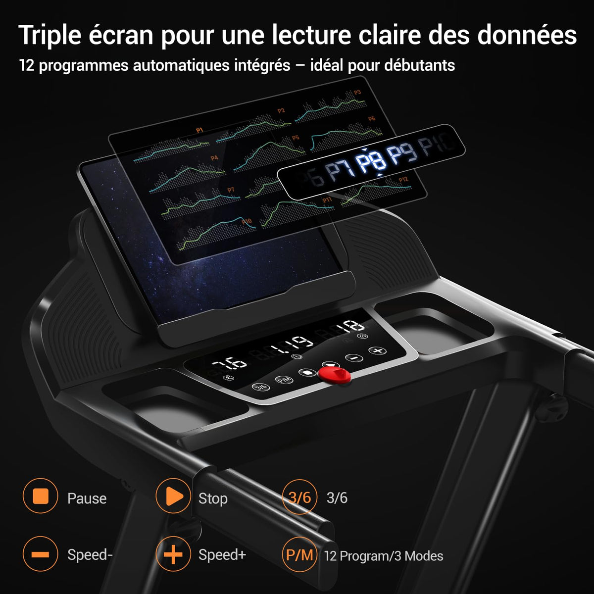 Tapis de course pliable inclinable 12 km/h 15 % 136 kg écran LED 12 programmes amortissement