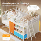Lit mezzanine enfant 90x200 cm avec bureau intégré LLB-01 éclairage LED 5 rangements 3 étagères charge 100 kg