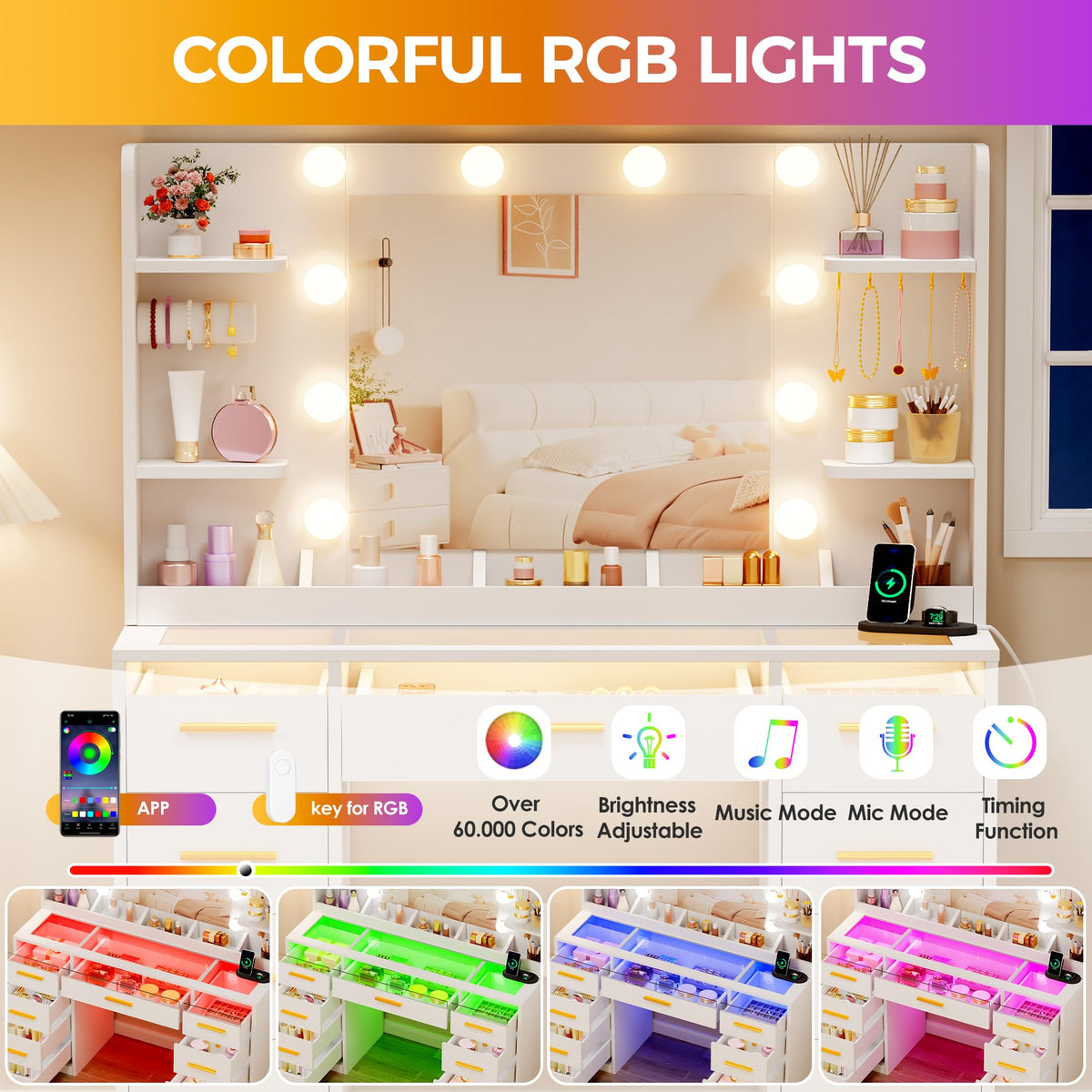 Coiffeuse avec Miroir LED BDT95W 9 Tiroirs 4 Étagères Plateau en Verre 3 Modes d'Éclairage RGB 105 x 40 x 140 cm