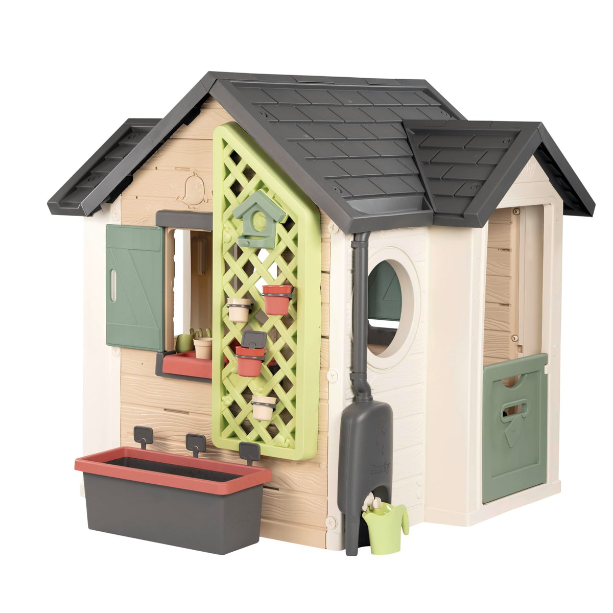 Maison de jardin pour enfants 132 x 128,5 x 135 cm dès 2 ans plastique recyclé jardinière treillis mangeoire récupérateur d'eau