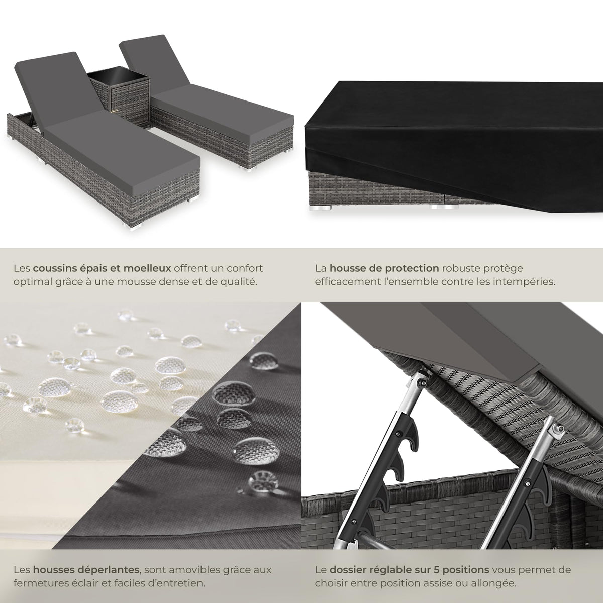 Set de 2 bains de soleil avec table 403088 dossier réglable 5 positions résine tressée aluminium housses de protection