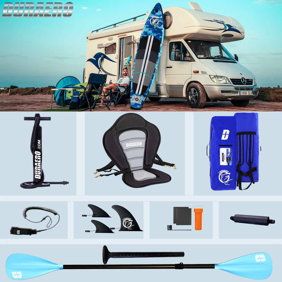 Planche de stand up paddle gonflable 330 x 76 x 15 cm avec siège kayak 150 kg PVC 3 ailerons pagaie double réglable support caméra