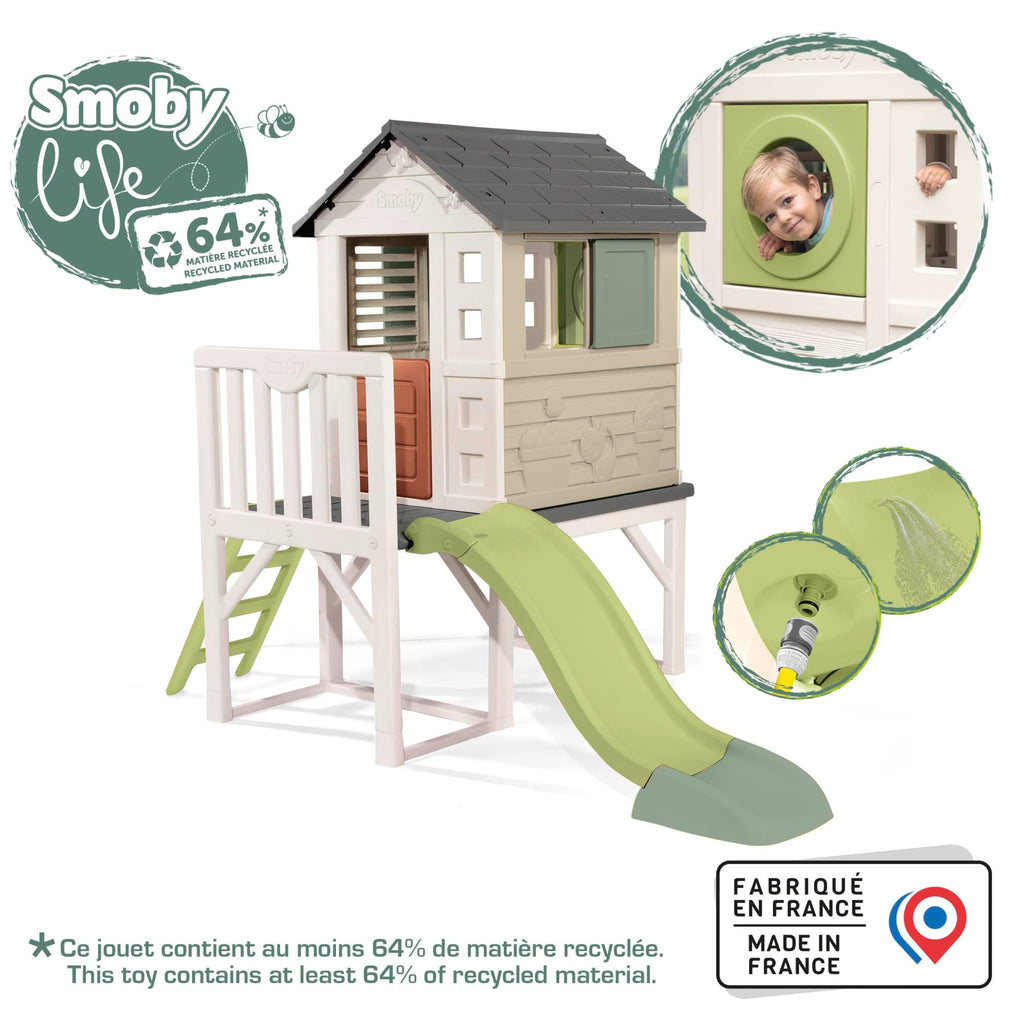 Maison de jeux sur pilotis avec toboggan et échelle plateforme 70 cm plastique recyclé 3 fenêtres dès 2 ans 243 x 160 x 197 cm