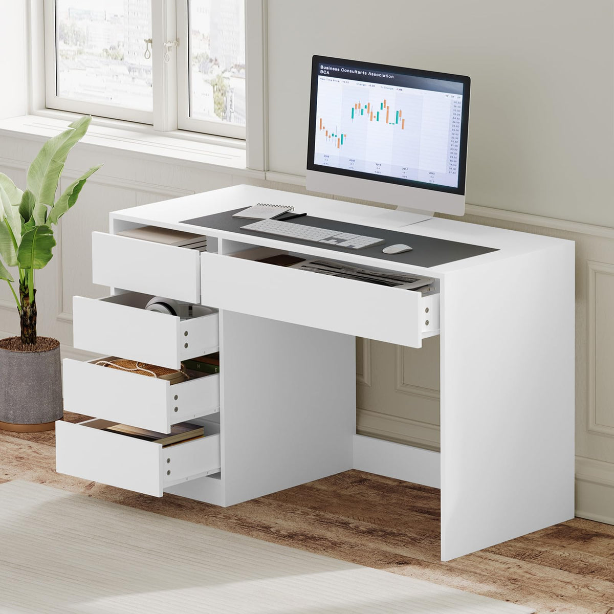 Bureau d'Ordinateur avec Rangement SCD0229 120 x 55 x 75 cm 5 Tiroirs MDF Charge 50 kg Plateau 120 cm Blanc