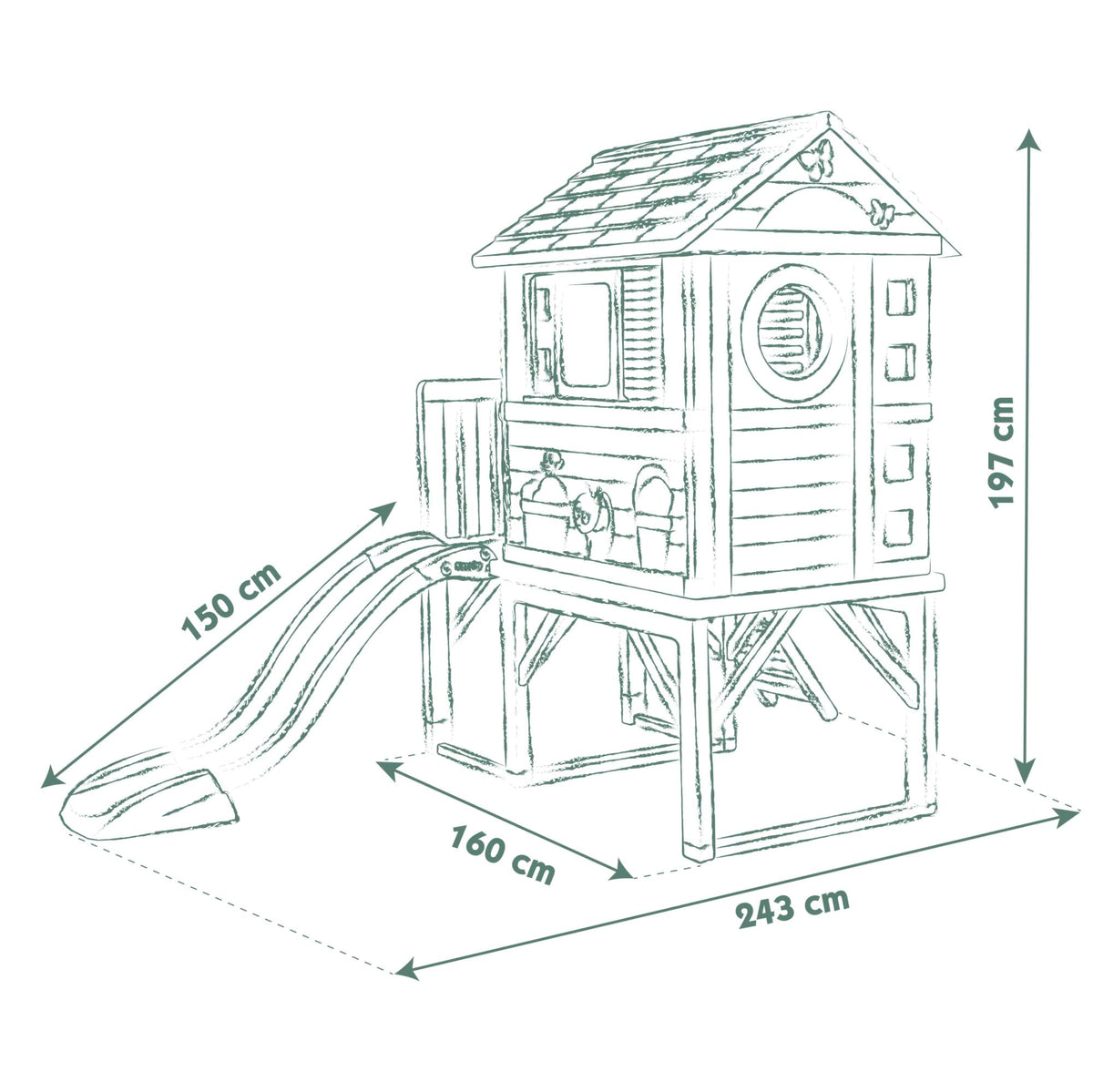 Maison de jeux sur pilotis avec toboggan et échelle plateforme 70 cm plastique recyclé 3 fenêtres dès 2 ans 243 x 160 x 197 cm