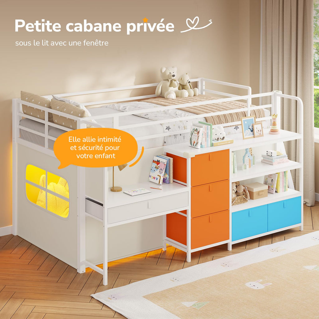 Lit mezzanine enfant 90x200 cm avec bureau intégré LLB-01 éclairage LED 5 rangements 3 étagères charge 100 kg