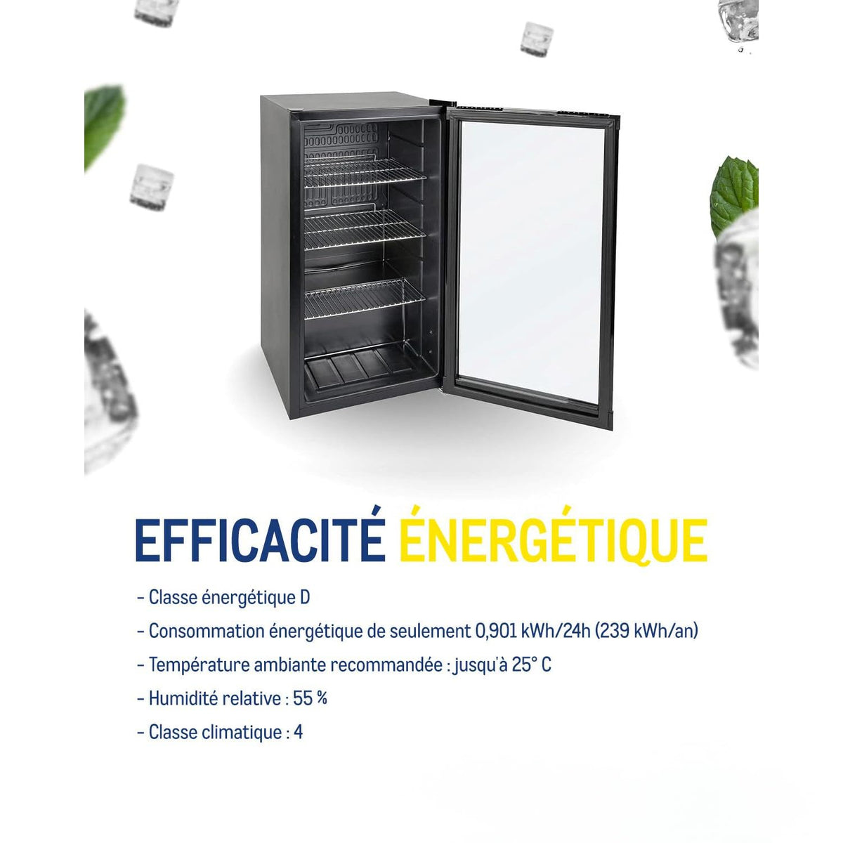 Réfrigérateur à boissons GPC1088 88 L 49 x 43 x 83 cm froid statique 3 clayettes réglables porte vitrée noire