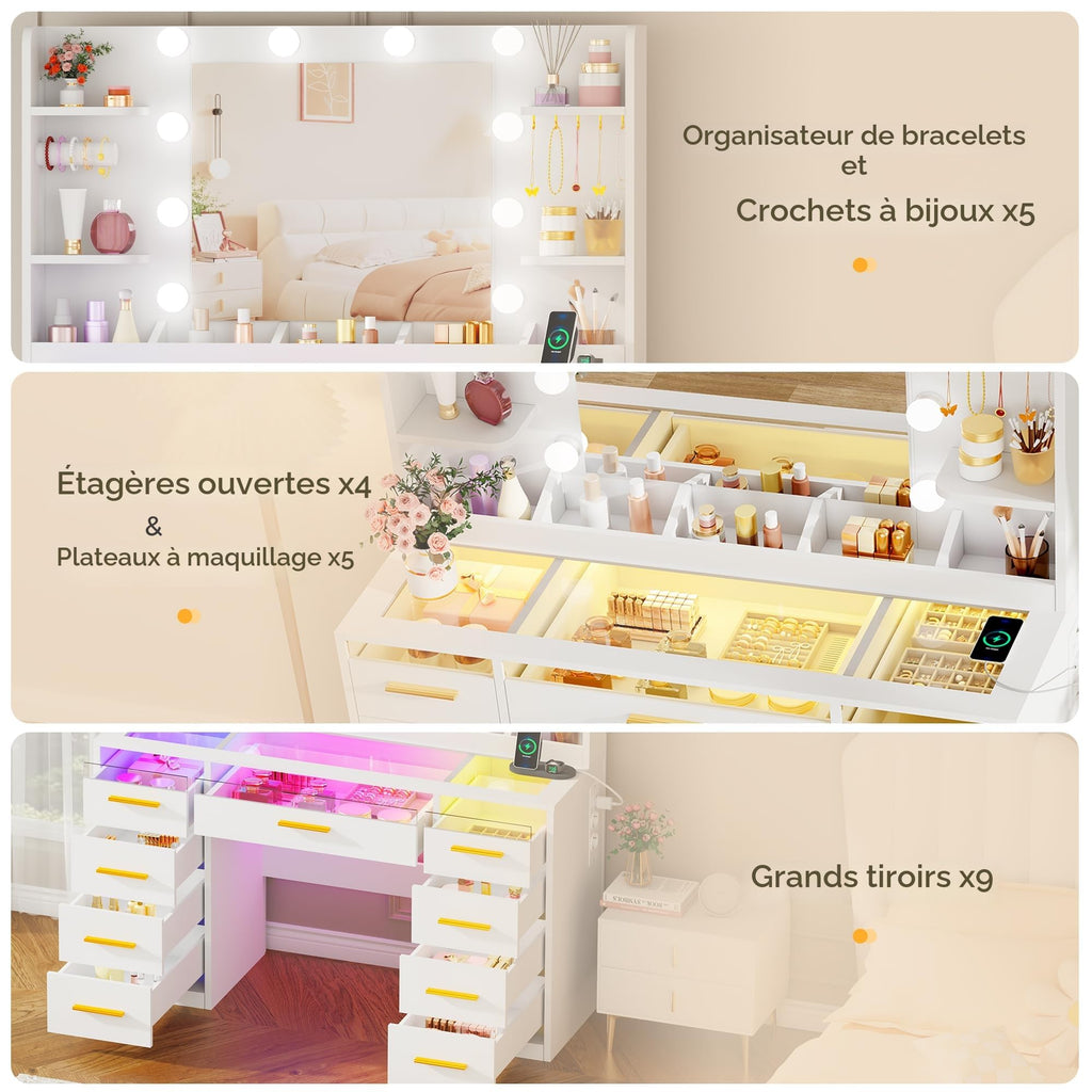 Coiffeuse avec Miroir LED BDT95W 9 Tiroirs 4 Étagères Plateau en Verre 3 Modes d'Éclairage RGB 105 x 40 x 140 cm