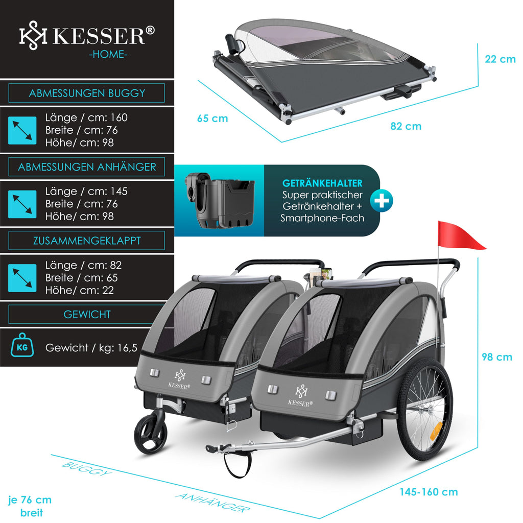 Remorque vélo enfant 2 en 1 Sport-RX avec fonction jogging 2 places ceinture 5 points roue avant 360° 160 x 76 x 98 cm