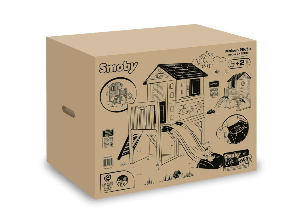 Maison de jeux sur pilotis avec toboggan et échelle plateforme 70 cm plastique recyclé 3 fenêtres dès 2 ans 243 x 160 x 197 cm