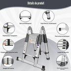 Échelle télescopique pliante DLT210E 5 m aluminium argent 150 kg hauteur réglable stabilisateurs échelle A et droite