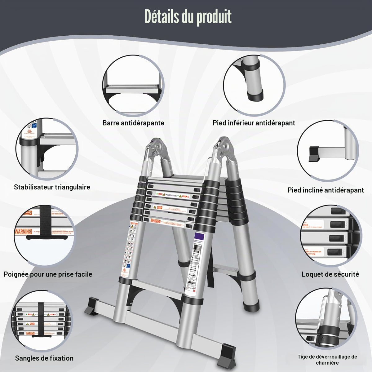 Échelle télescopique pliante DLT210E 5 m aluminium argent 150 kg hauteur réglable stabilisateurs échelle A et droite